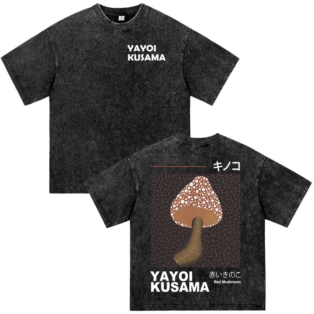 Japanese Artist Yayoi Kusama Mushroom Art Show Vintage Washed T Shirt Men Women Clothing Fashion Short Sleeve T-shirt Streetwear