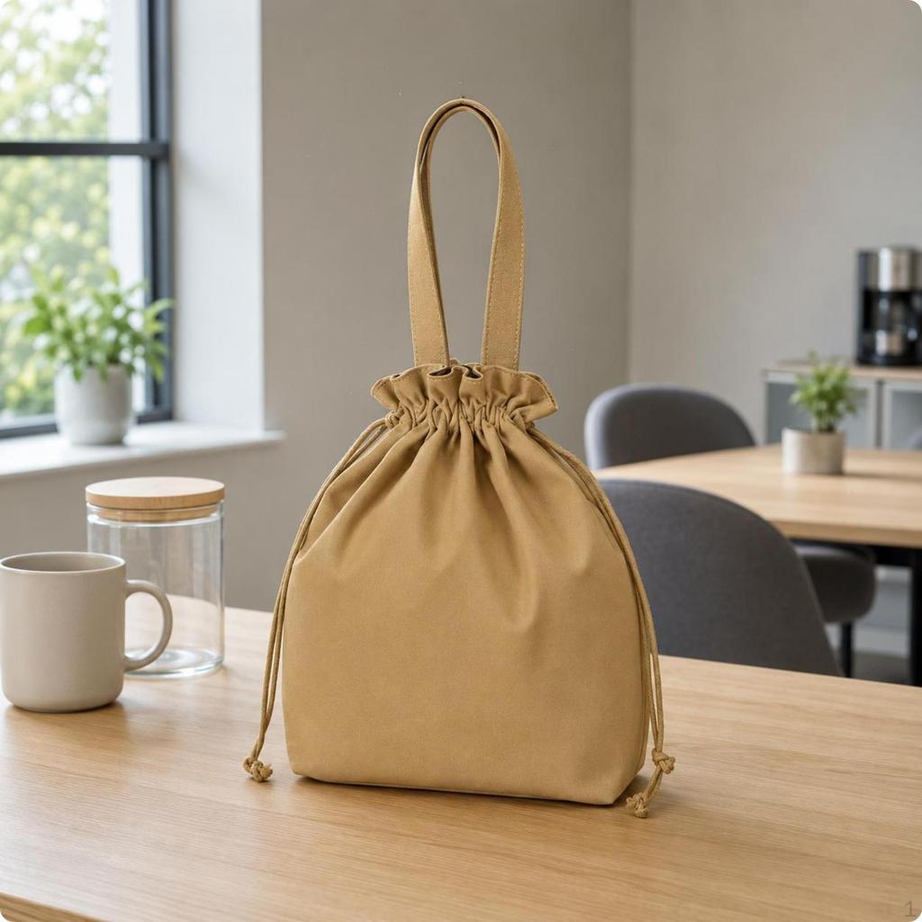 Drawstring Meal Bag Gathered Opening Canvas Top of Handle Carrier Black