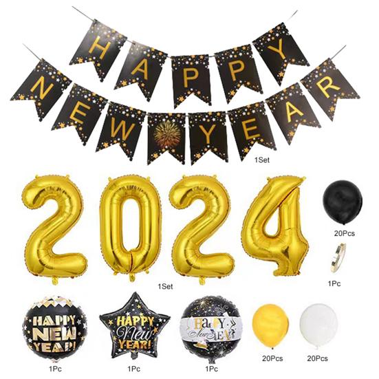 32 Inch 2024 New Year Balloons Set Letter Print Golden Starburst 2024 Number Balloons Party Decorations Set Party Supplies