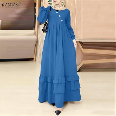 Women Casual V-Neck Loose Long Sleeve Muslim Dress