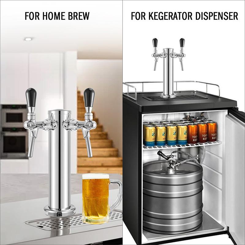 Draft Beer Tower,Dual Faucet Tap Kegerator Tower,3'' Dia. Stainless Steel Column Beer Dispenser with Hose,Wrench,Brewing Bar Kit