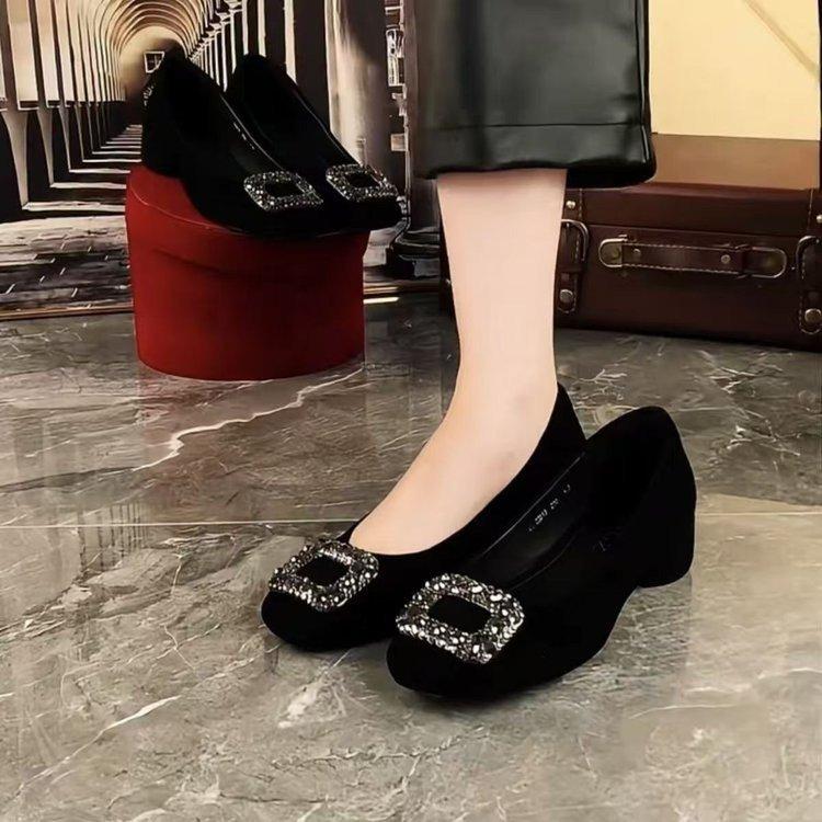 Square head low-heeled single shoes women's commuting new autumn women's shoes shallow mouth rhinestone square buckle not tired feet thick heel shoes
