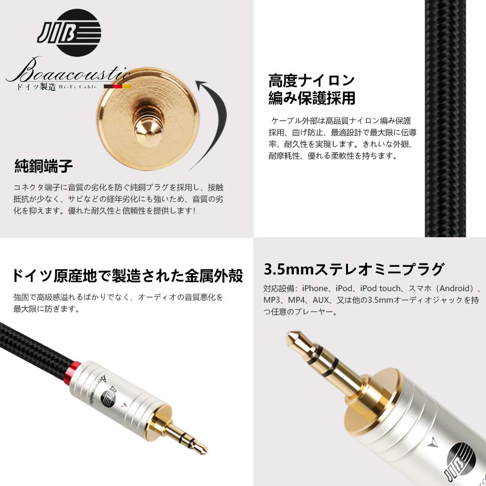 BOAACOUSTIC AUX Audio Cable, Standard 3.5mm Male to 3.5mm Stereo Mini Plug, Headphone Cable for Car, iPhone, Android, Home Theater, etc., 5m Long