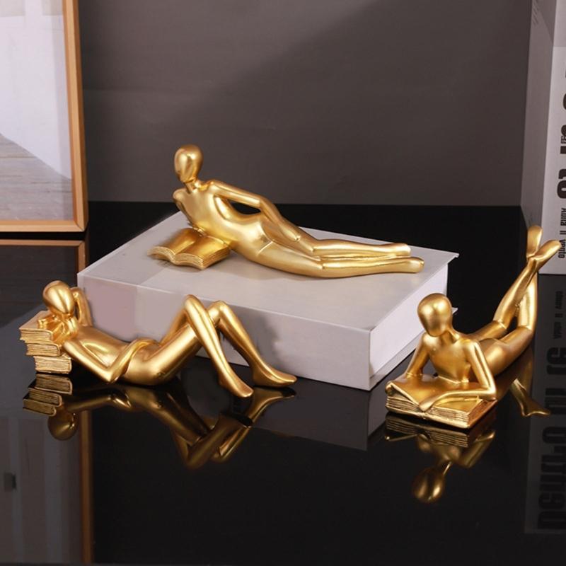 Small Gold Decoration Fun Paperweight, Reading Women Statue for Home Office Bookshelf Living Room Desk Decoration