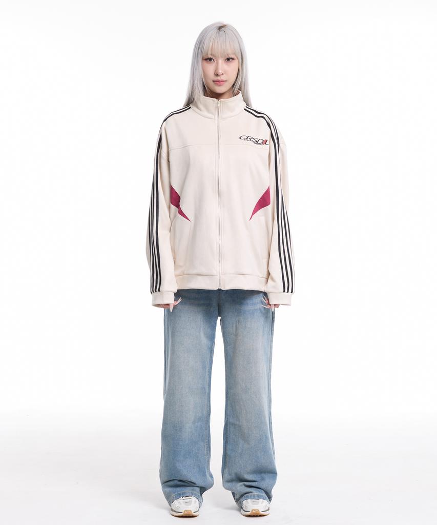 Cream Soda Lab Suede 4-Stripe Track Contrast Zip-Up Ivory