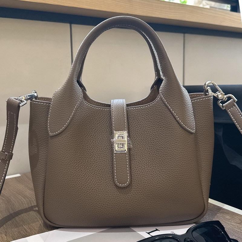 New first-layer cowhide leather high-end bucket bag vegetable basket bag single shoulder crossbody handbag women's bag