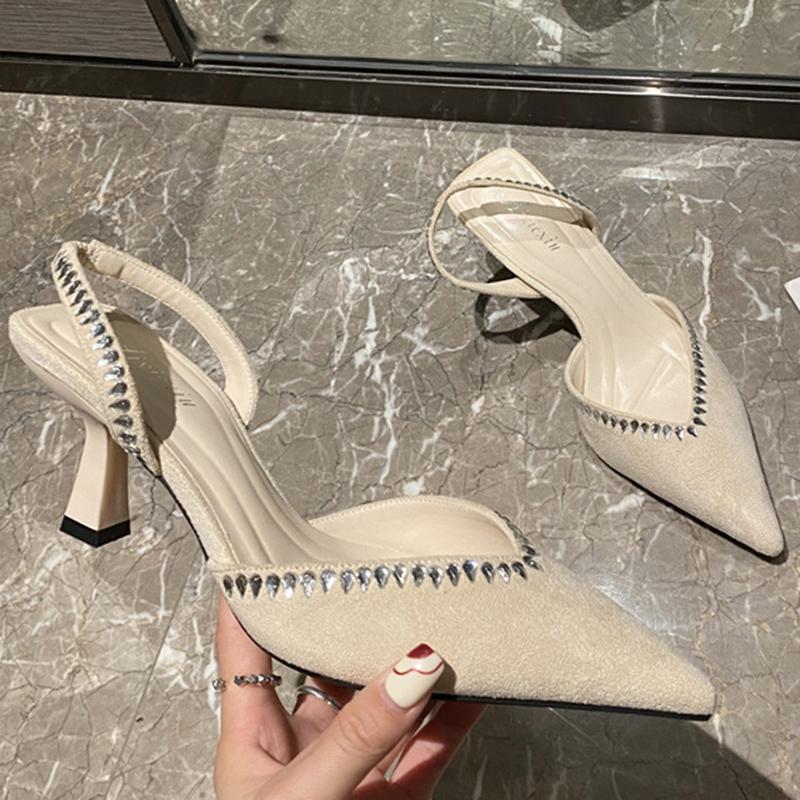 

Летние роскошные женские туфли-лодочки с острым носком и стразами, туфли-лодочки-карандаш на высоком каблуке с открытой пяткой, блестящие туфли-лодочки из флока со стразами, женская обувь для вечеринок