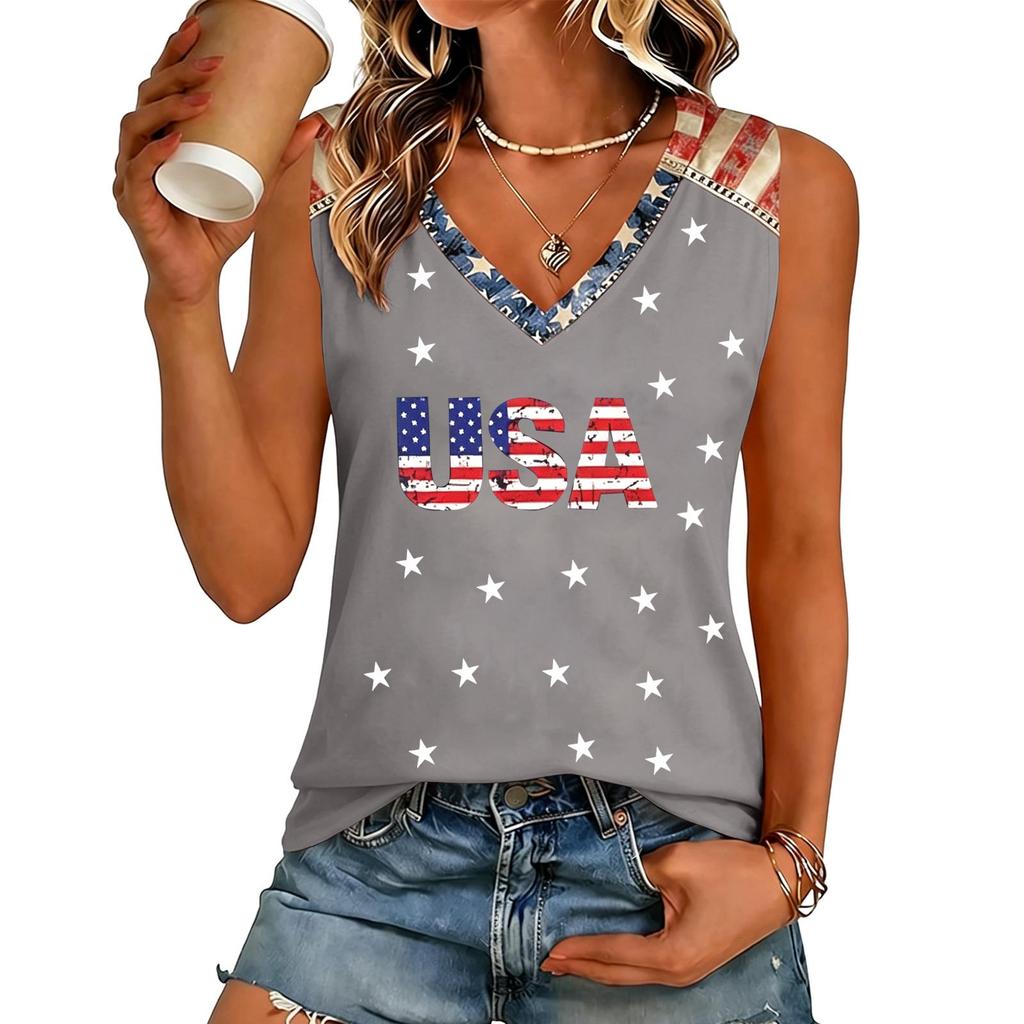 Women's V-Neck Casual Top with Patriotic Independence Day Print