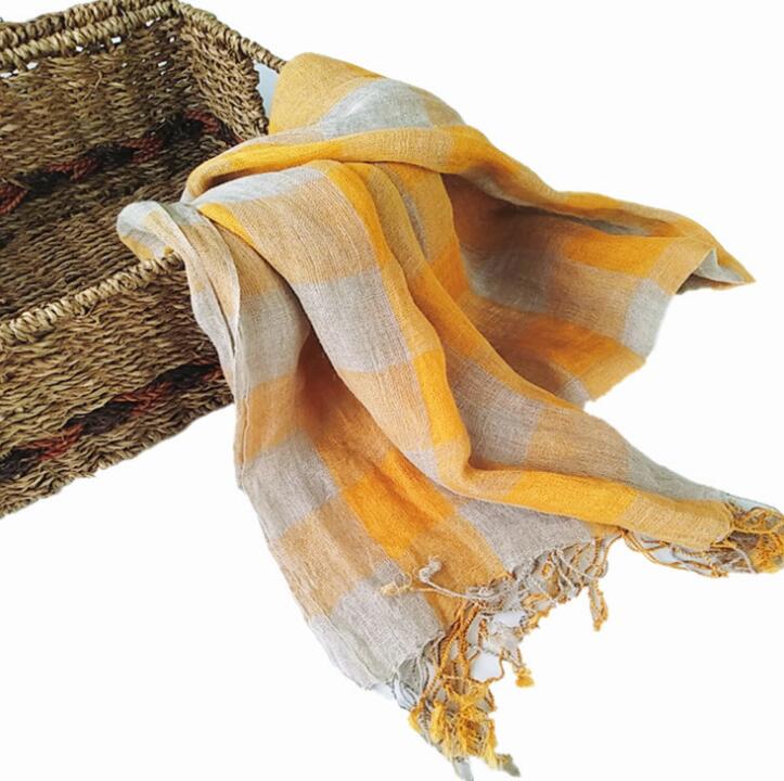 100% Linen Plaid Contrast Tassels Linen Men/Women Yellow Scarves Woman Spring Scarf Pashmina Shawls Wraps Head Scarf Bandanas