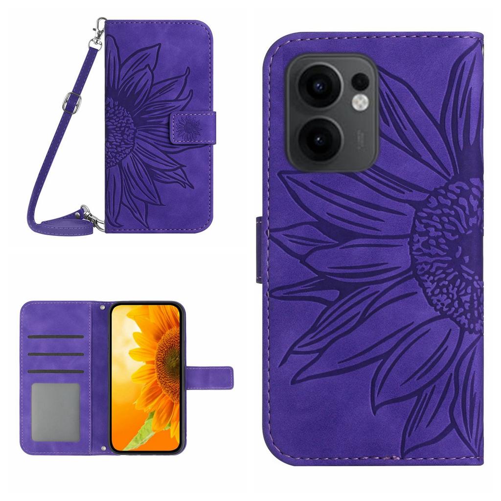 For Oppo Reno13 F 4G/5G Case Sunflower Imprint PU Leather Phone Cover with Long Strap