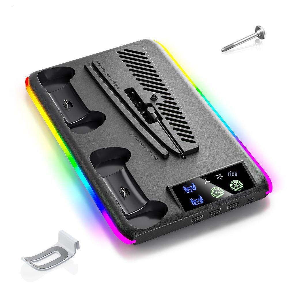Охлаждающая подставка для PS5/SLIM/PRO: Многофункциональная подставка с вентилятором, зарядным устройством с двойным контроллером и RGB-подсветкой чёрный