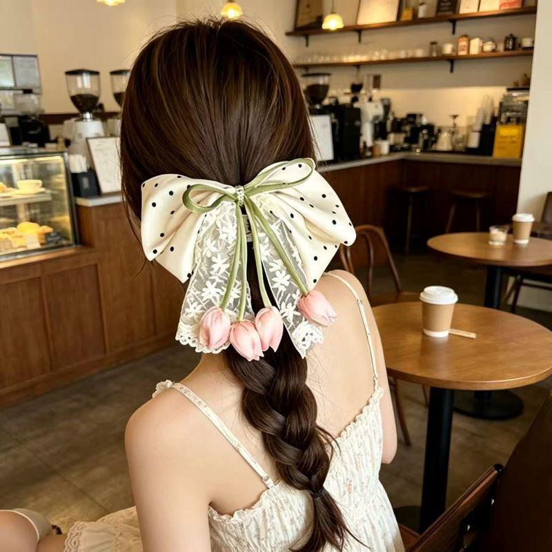 Handmade Chiffon Floral Bow Ponytail Clip for Voluminous Hair