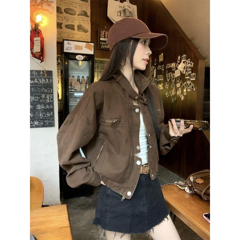 Kumikumi American vintage Denim Stand Collar Long sleeve Outerwear Women clothes Autumn Niche Chic Overfit jacket Top