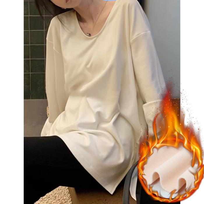 Women's White V-Neck Long Sleeve Loose Fit Mid-Length Shirt - Autumn Winter Layering Top