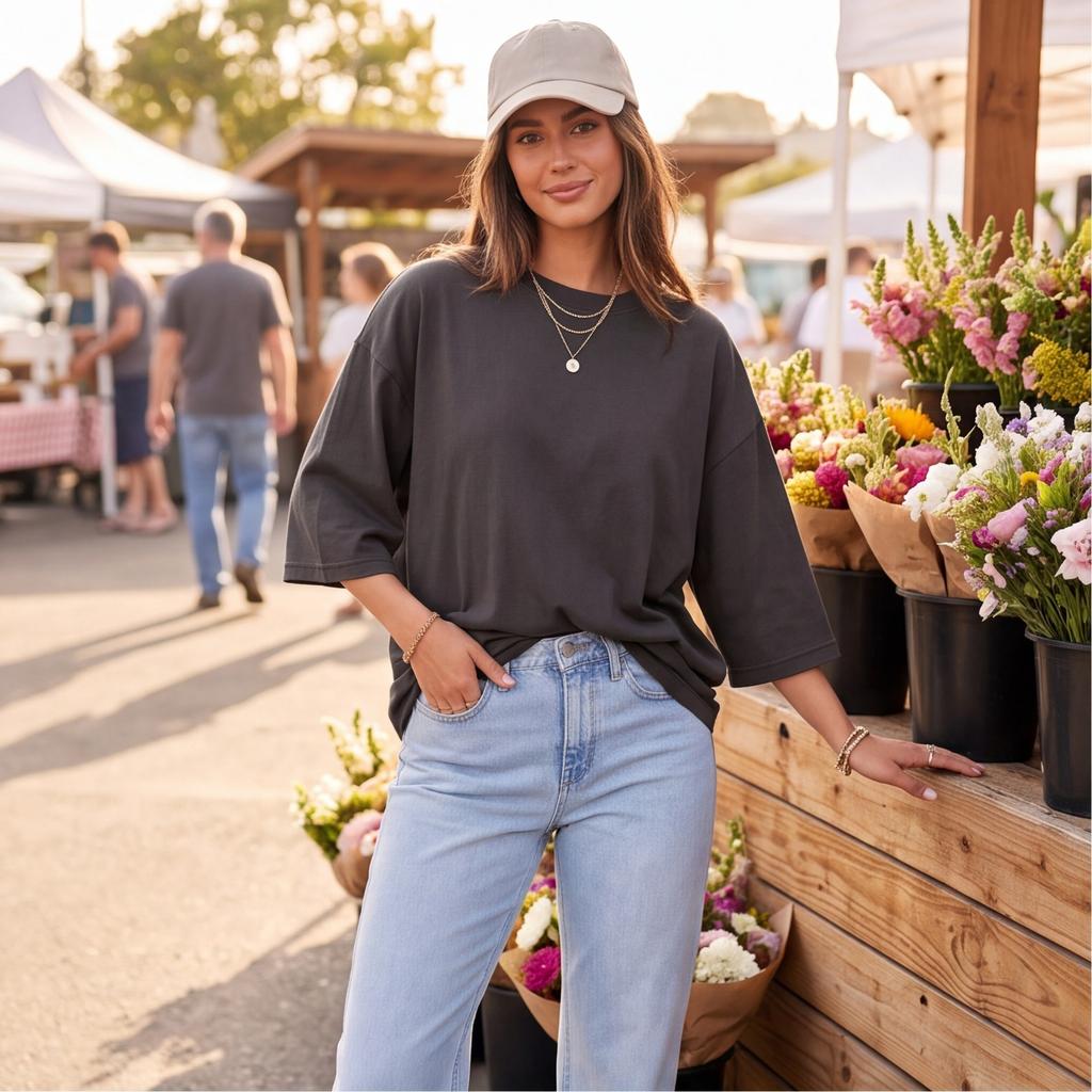 Damen Oversized Lässiges T-Shirt 3/4 Ärmel Lockerer Schnitt Hals Sommer Top