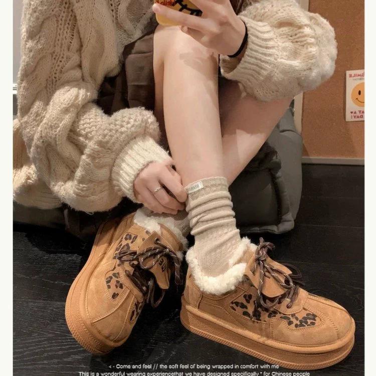 Cowhide version leopard print cotton shoes casual board shoes winter new velvet warm snow boots platform shoes