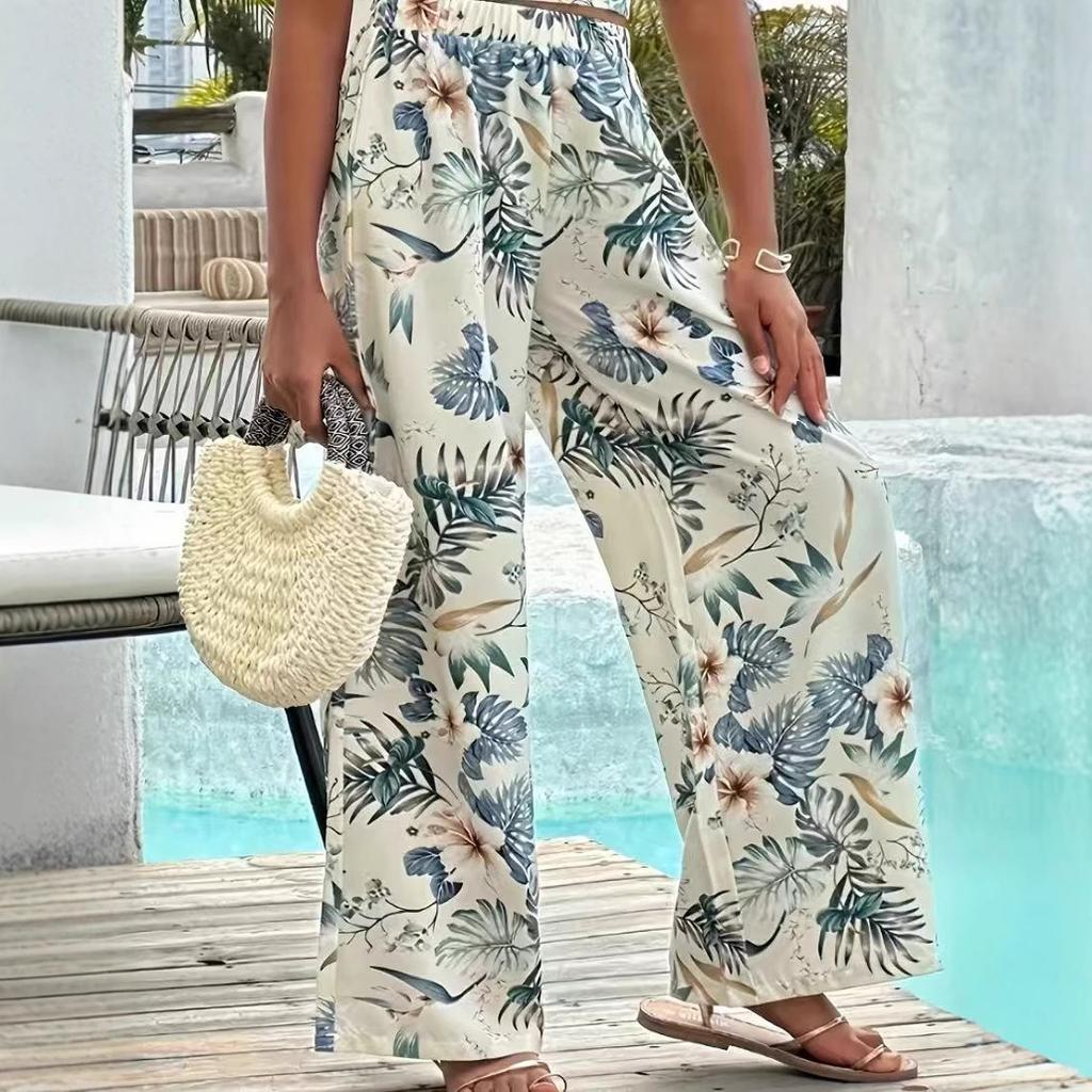 Women's High-Waisted Floral Print Wide-Leg Pants, Casual Loose-Fit Trousers for Summer