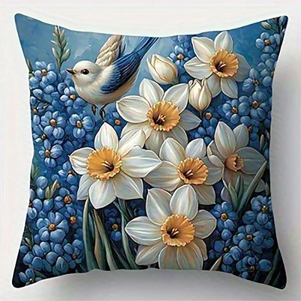 Blue Birds And Flowers Pillowcase Suitable For Sofa Car Bedroom Decorative Cushion Cover Pillow Cover