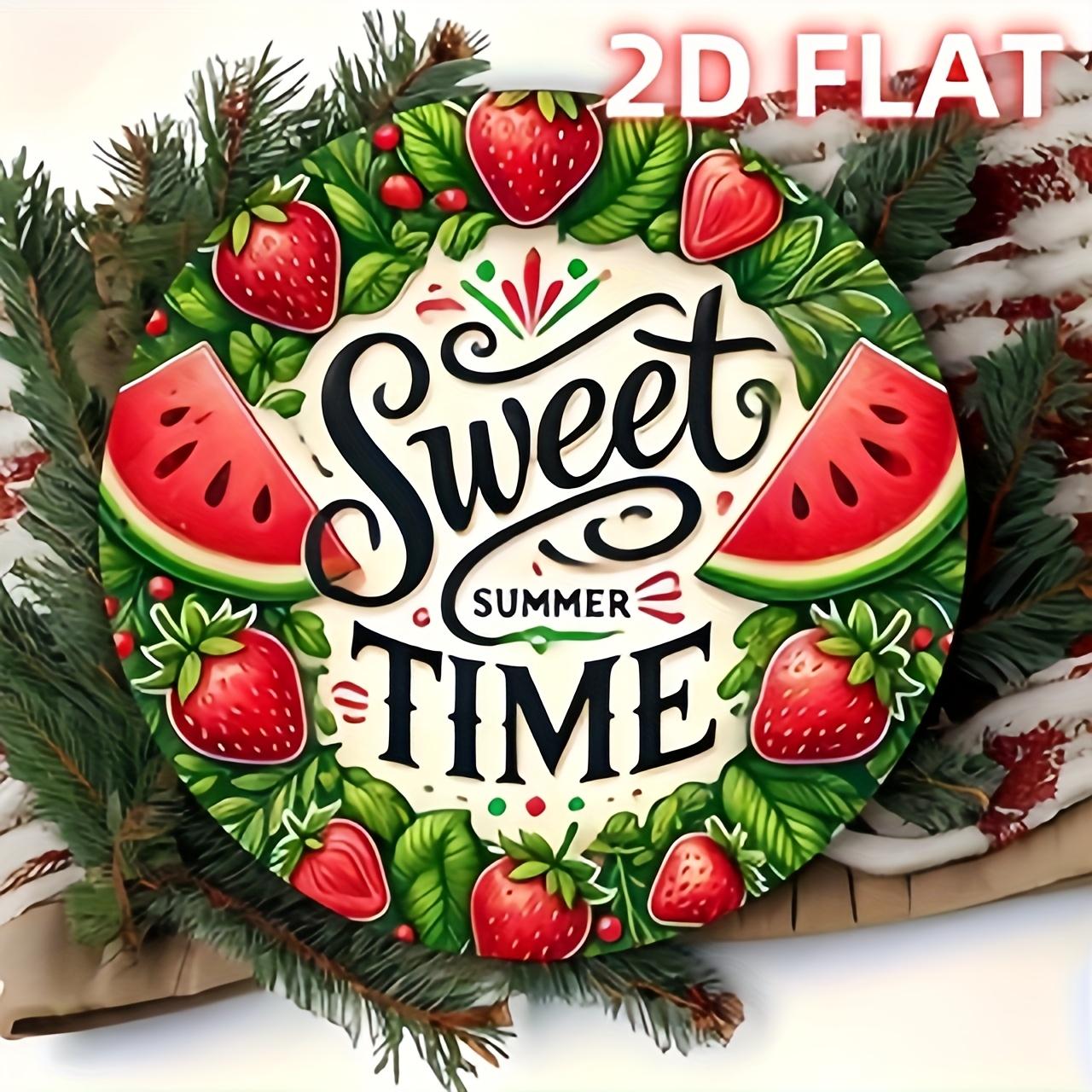 HD Tin Sign Sweet Summer Time Round Vintage Metal Wall Art Strawberry Watermelon Fruit Decor 20x20cm(8x8inch)