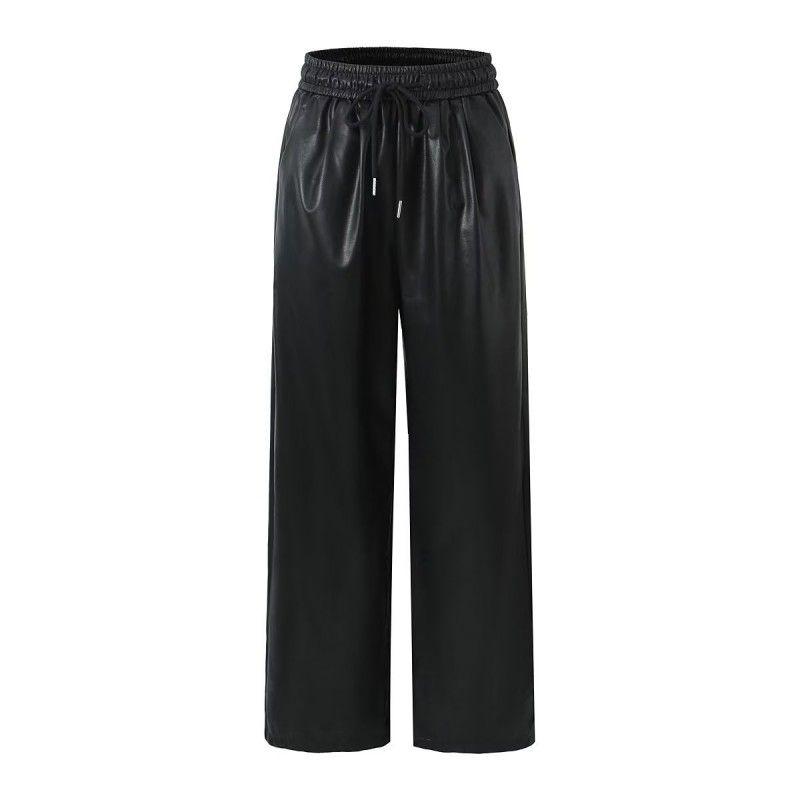 

Accent Retro High Waist Mop Casual Leather Pants Drawstring Black Leather Wide Leg Pants S