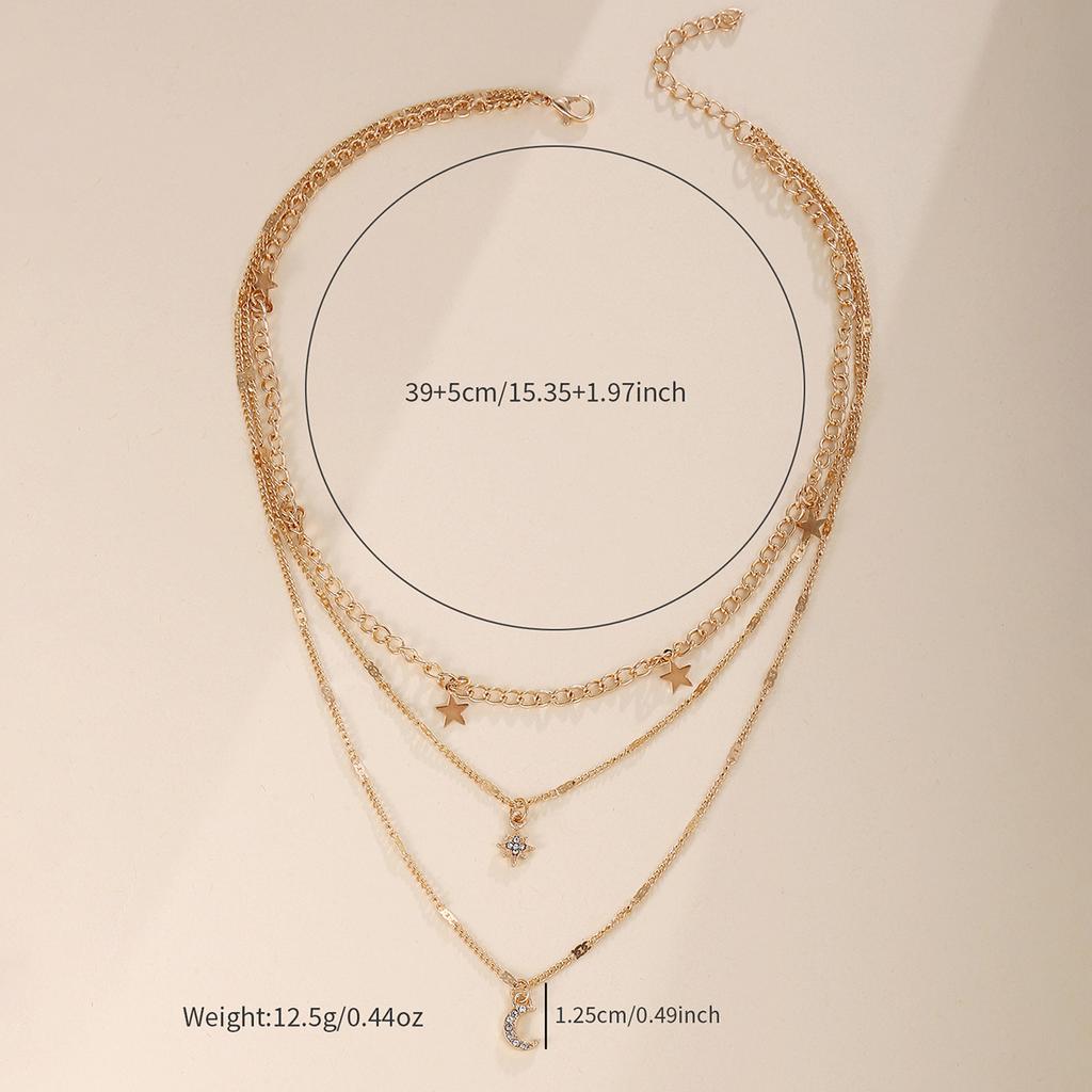Hot-selling creative diamond-encrusted pentagram crescent pendant multi-layer stacked necklace collarbone chain item