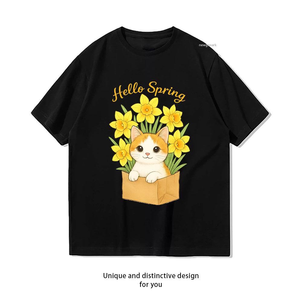 

kawaii cat hello spring Magic Among Daffodils tshirt woman man Casual cotton printed t shirts ropa hombre boyfriend S