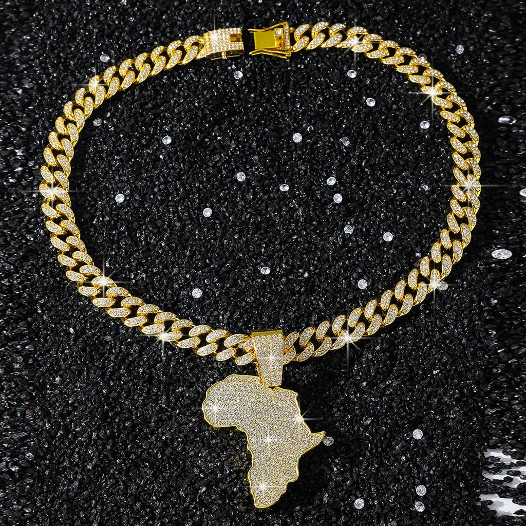 Iced Out Afrika Karten Anhänger Halskette Legierung Gold Plated Strass Cuban Link Kette Hip Hop Afrikanisches Erbe Street Charm Schmuck