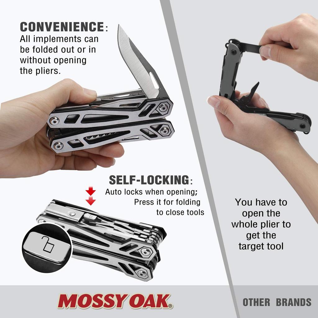MOSSY OAK Pliers with Outdoor with Wire Tape Can Bottle and Driver Includes Pouch and Locking Perfect for and Emergency Preparedness Multi-Function