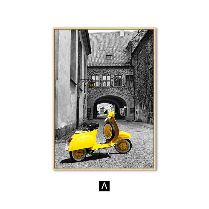 

Городской пейзаж, винтажный постер, желтый мотоцикл, настенная живопись, воздушный шар, холст, картина, настенные панно для гостиной, домашний декор 50x70cm No Frame