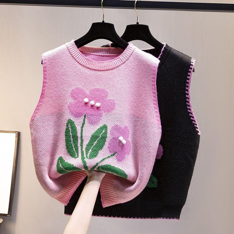 Round Neck Knitted Vest Embroidered Flowers Splicing Color Design Women's Knitted Pullover Sweater Loose Casual Top Autumn