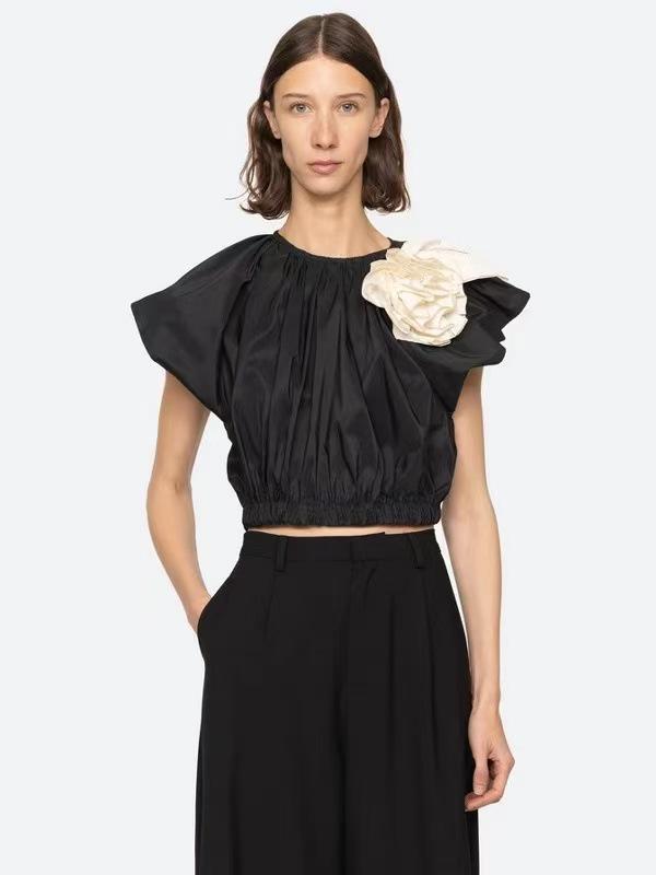 

Spring/Summer French Sweet Pleated Satin Shirt with Color Block Floral Design - Women s Elegant Style S чорний