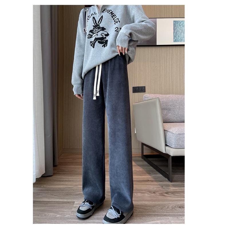 Dames Dikke Casual Broeken Herfst Winter Plus Fleece Warm Lampenwol Kern Rechte Pijp Wijde Pijp Broeken Comfortabel Effen Kleur Mode Slank Makende Broeken
