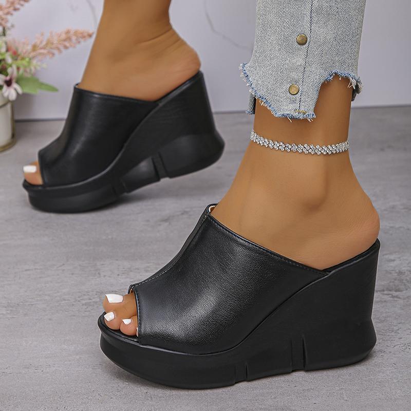 Fashion Fish Mouth Platform Wedge Sandals for Women Black PU Leather Thick Sole Slippers Woman Summer Slip-On Super High Heels Sandals
