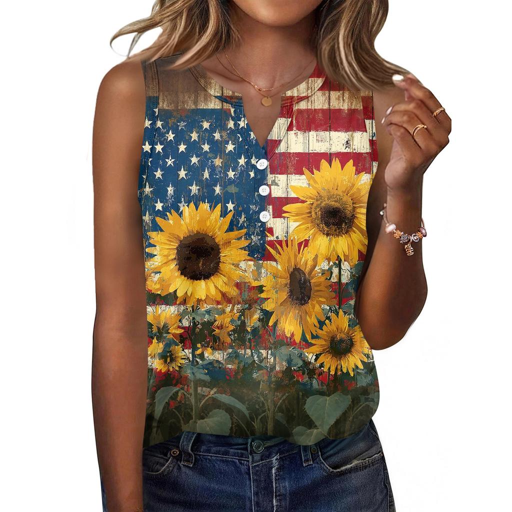 Women Sleeveless V Neck Button Front Casual Top with Star Print Pattern Relaxed Fit for Everyday Wear
