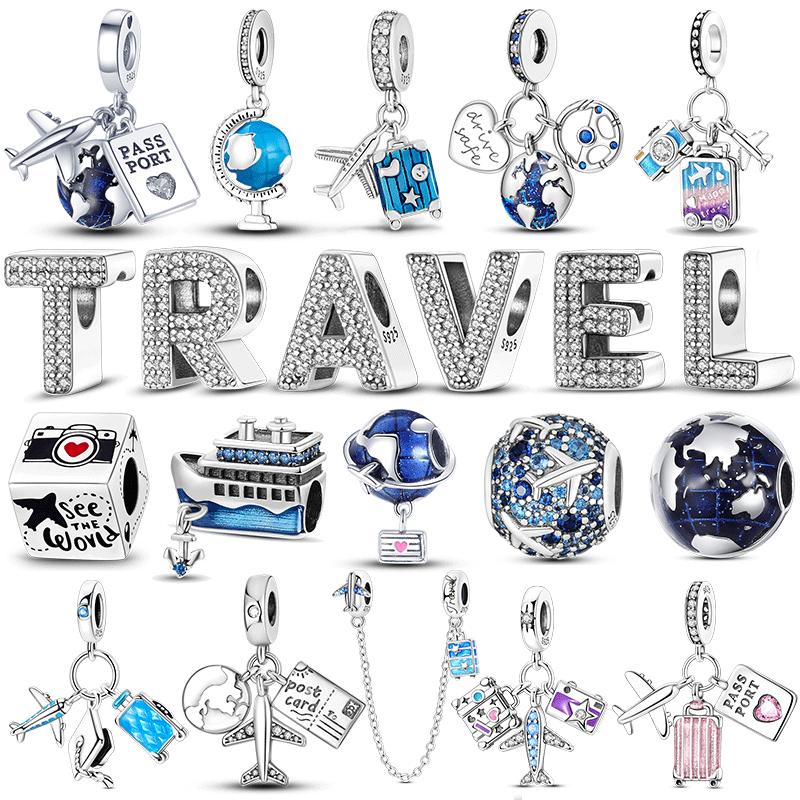 Copper Travel Passport Trunk Charms Fit Original Bracelet Diy Airplane Earth Beads For Jewelry Making Gift