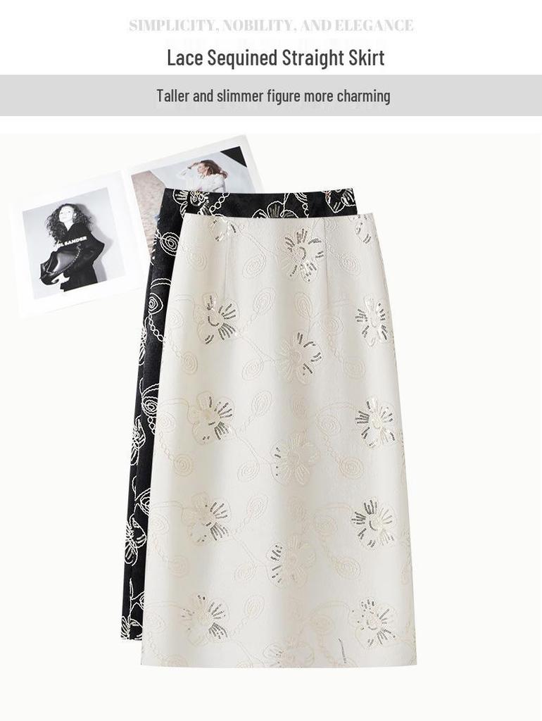 2026 Women's Retro High-Waist A-Line Skirt with French Embroidery and Back Slit