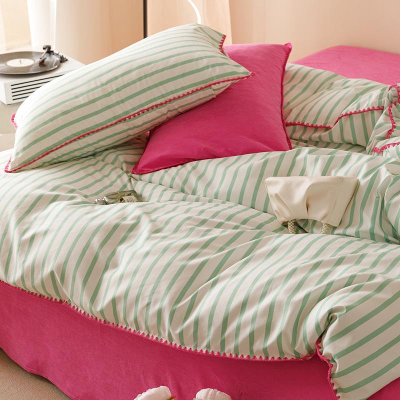 Ins Girls Green Striped Bedding Set Solid Color Soft Washed Cotton Bed Sheet Queen King Size Duvet Cover Set With Pillowcase