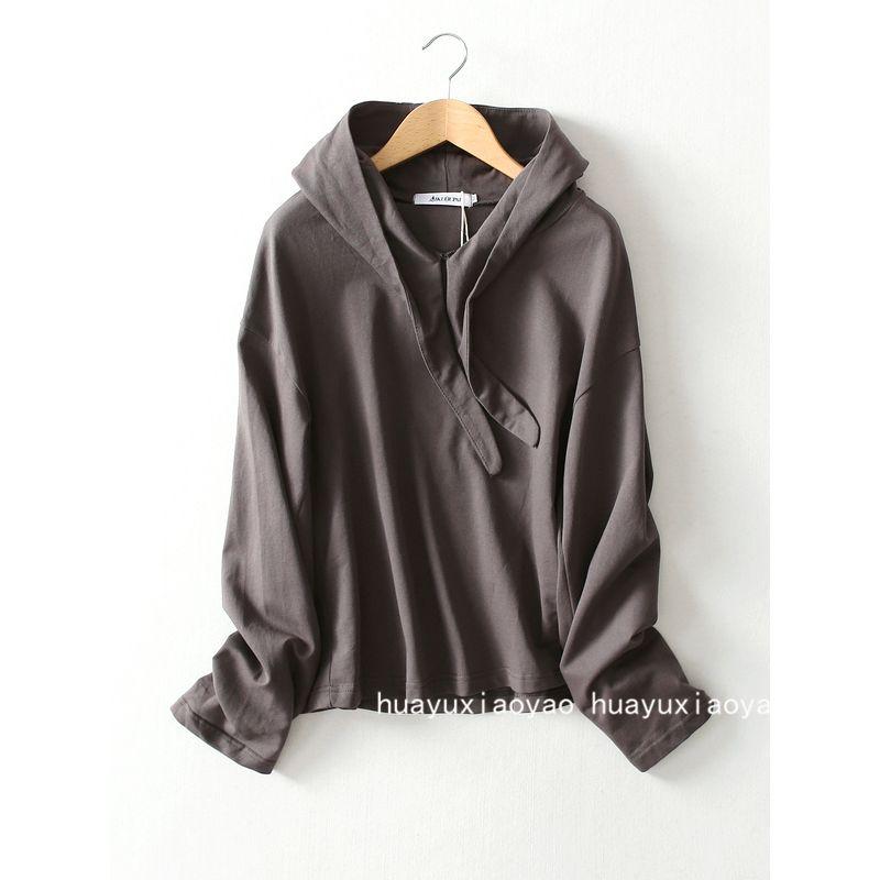 

Stay by Yourself! Loose Lazy Fashion Terry Cotton Cotton Pure Color Hooded Knotted Sweatshirt Women s Top Spring & Fall Dark gray One size