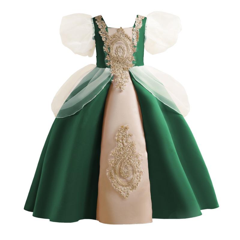 Vintage Royal Puff Sleeve Big Kids Girls Princess Long Formal Dress Gown