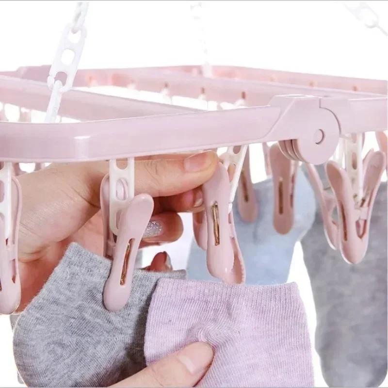 Household Portable 32 Clips Folding Clothes Hanger Dryer Windproof Socks Underwear Drying Rack Organizer Laundry Racks Storage