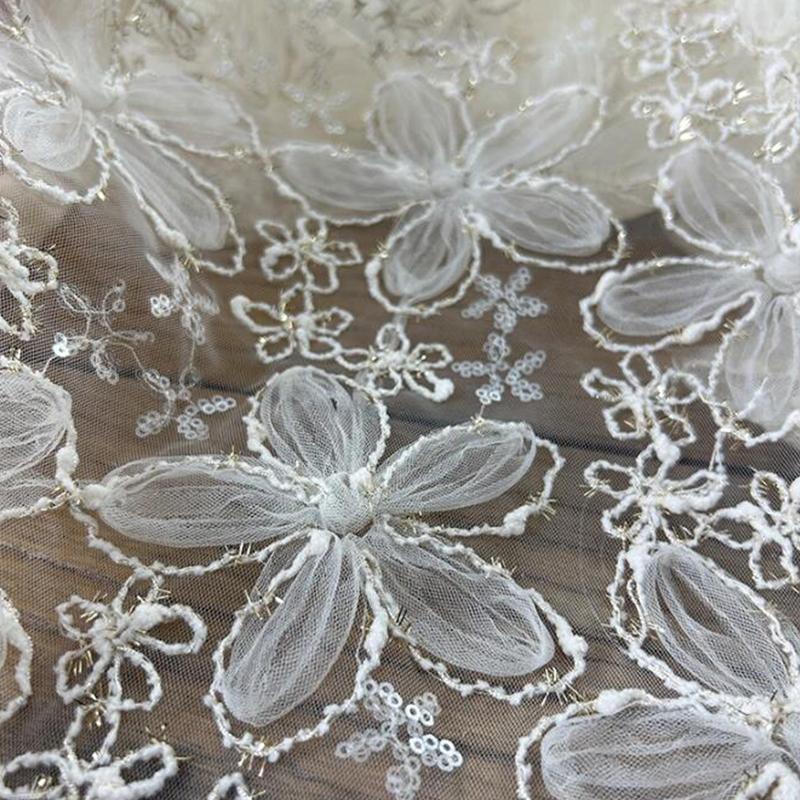 Ins Style Grey Blue Lace Mesh Fabric 3D Flower Embroidery Thread Sequin Tulle Fabric For Diy Sewing Dress Costume Wedding Veil