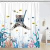 Funny Cat Shower Curtain,Cute Cat Teal Blue Sea Oceanshower Curtain Set,Underwater Animal Fabric Shower Curtains For Bathroom