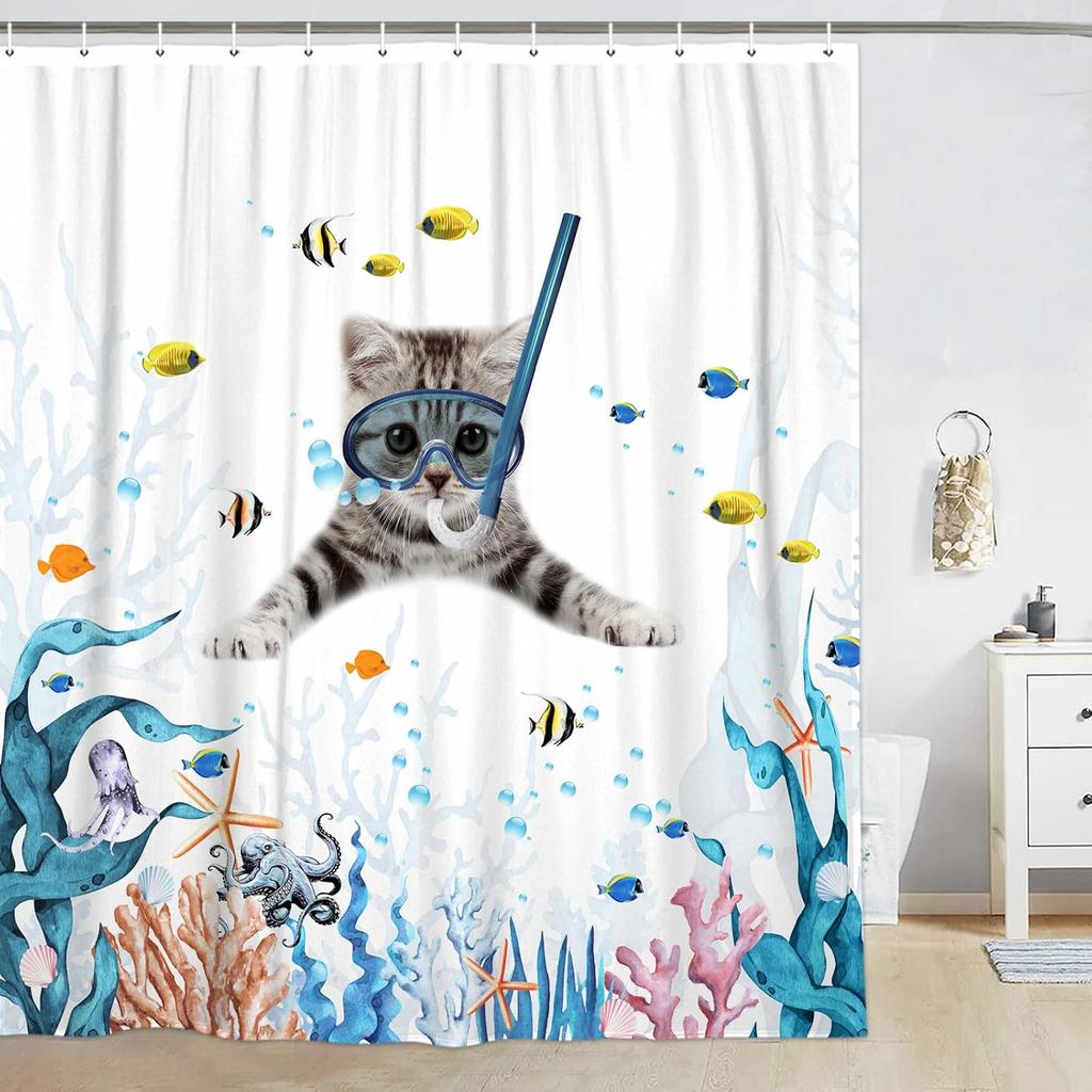 Funny Cat Shower Curtain,Cute Cat Teal Blue Sea Oceanshower Curtain Set,Underwater Animal Fabric Shower Curtains For Bathroom
