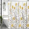 Yellow Floral Shower Curtain, Yellow Flower Gray Leaf Bathroom Decorative Shower Curtain, Waterproof Shower Curtain with Hooks