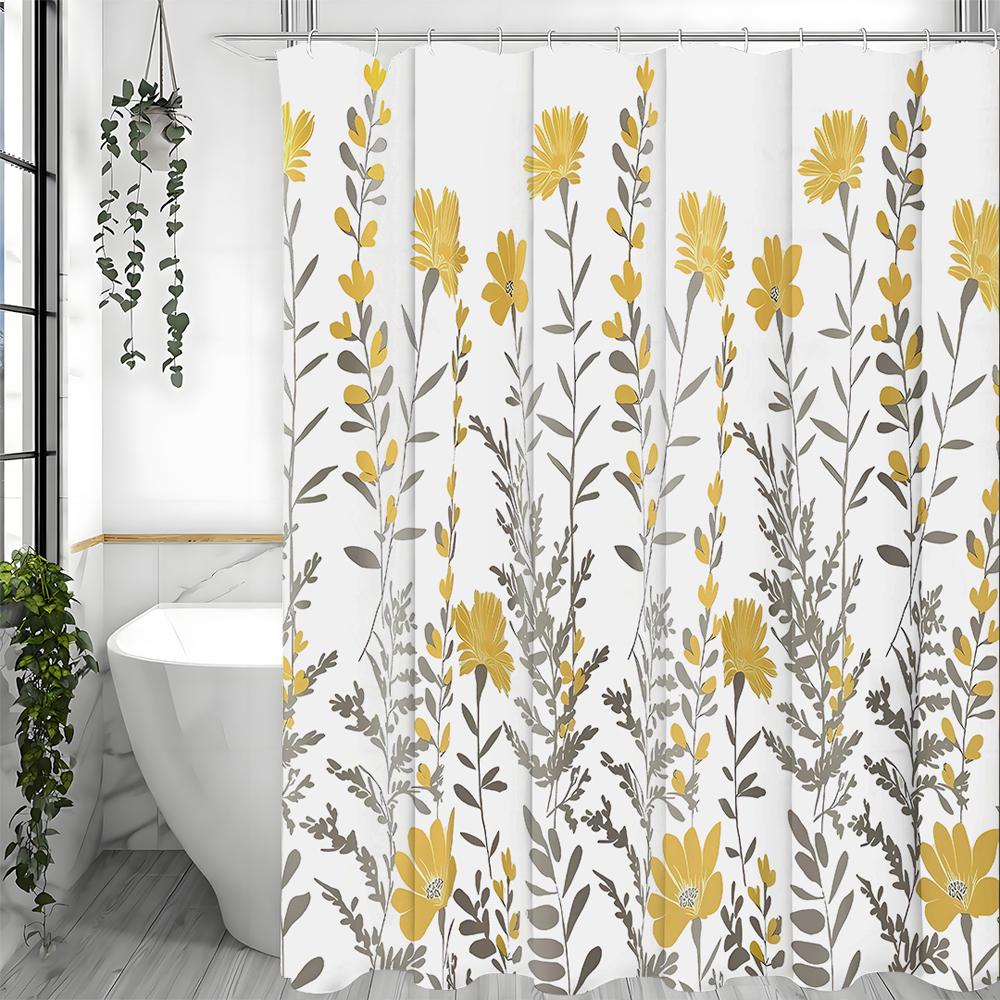 

Желтая Цветочная Шторка для Душа, Желтый Цветок Серый Лист Декоративная Шторка для Душа для Ванной, Водонепроницаемая Шторка для Душа с Крючками 90*180cm