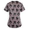 Women's Cute Bow Printed Work Clothes V-neck Double Layer Pockets Basic Short Sleeve Top Pullover