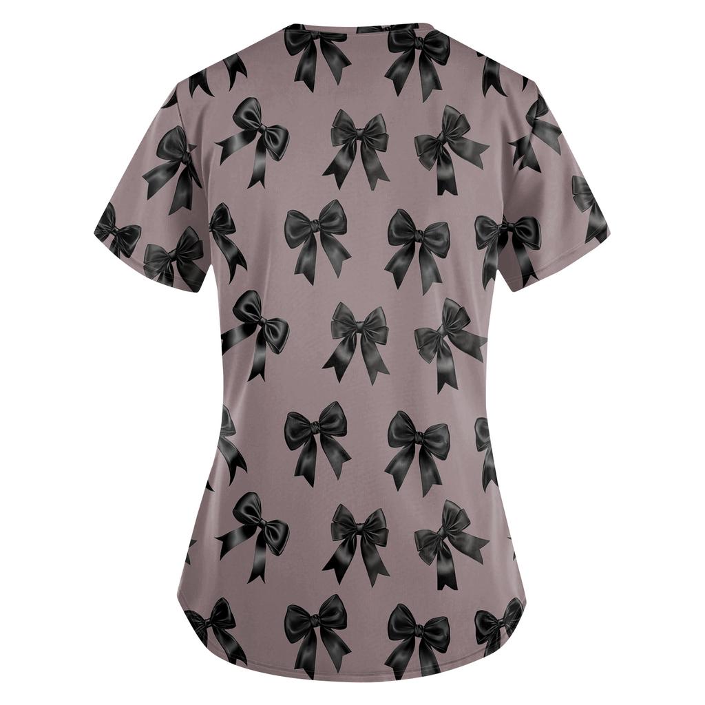 Women's Cute Bow Printed Work Clothes V-neck Double Layer Pockets Basic Short Sleeve Top Pullover