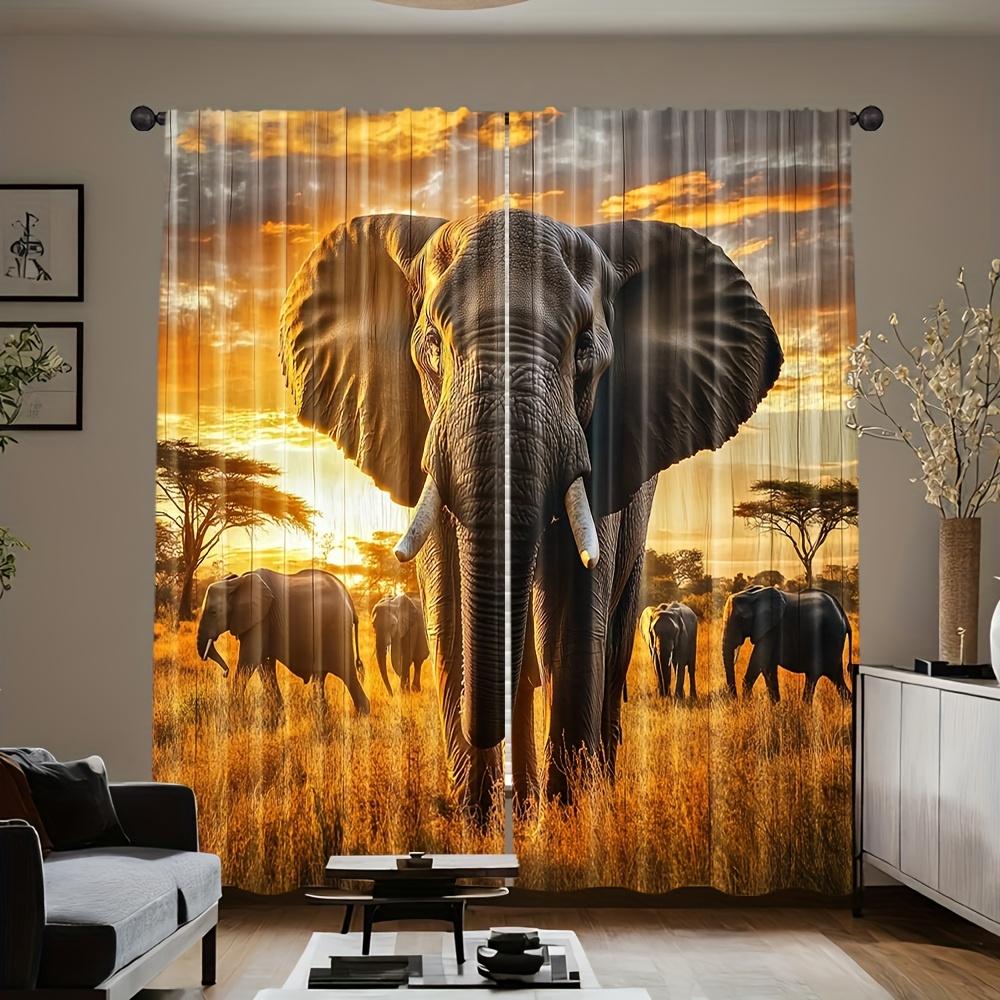 2PCS Animal Curtains, Elephant Grassland Sunset, Digital Print, Bedroom Living Room, Office, Kitchen, Window Treatment