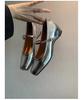 French silver pig nose inner height increase flat-soled single shoes women's shallow mouth square head one-word buckle strap middle heel Mary Jane