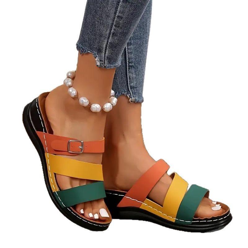 Color Matching Slope Heel Thick Bottom Cool Slippers Women's Summer New Open-toed Large Size One-word Beach Slippers